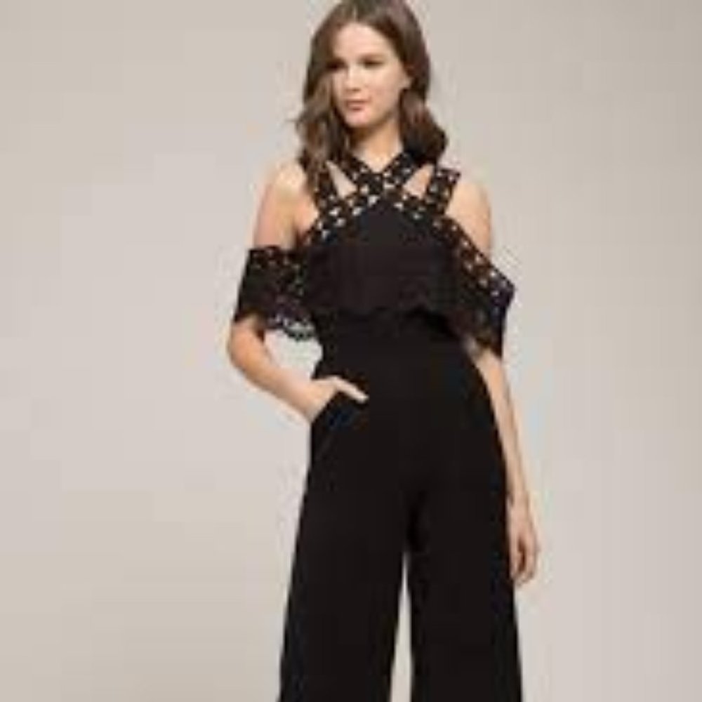 Moon River Black Wide Leg Jumpsuit Crochet Lace Straps NWT XS